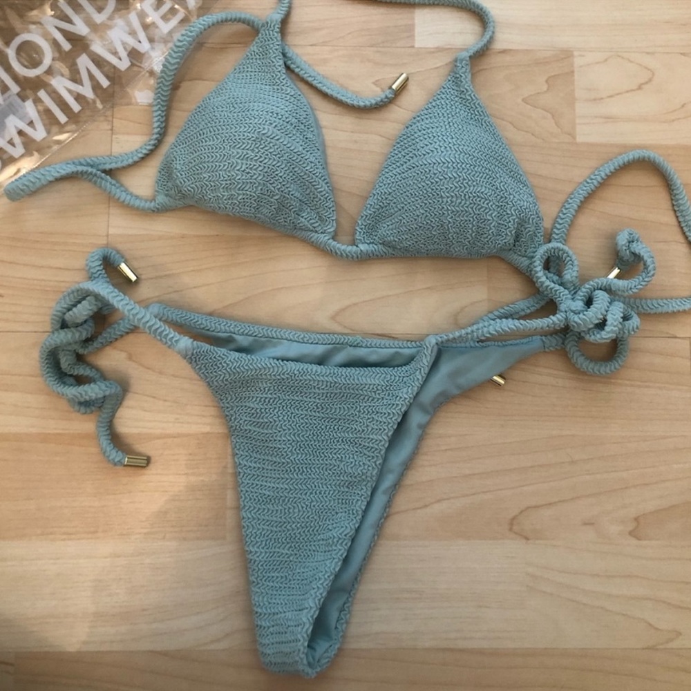 Monday swimwear sea glass crinkle Palma top and Palma bottom, size “P” LIKE NEW
